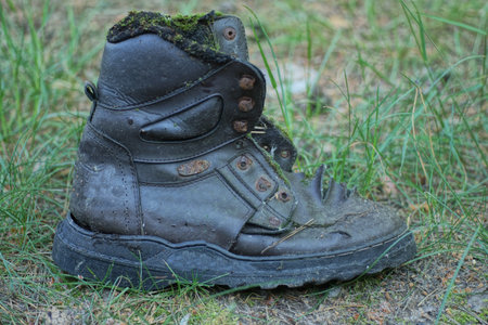 Old boot in the grass, photo as a background, digital image