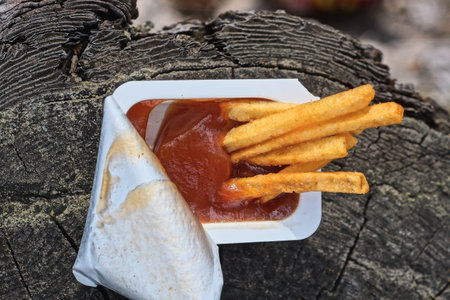 red tomato sauce in a white box and fried potatoes stands on a gray wooden stumpの写真素材