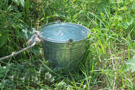 one gray large galvanized metal bucket with water stands outside in the green grassの写真素材