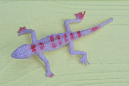 one plastic gray red toy lizard lies on yellow wooden tableの写真素材