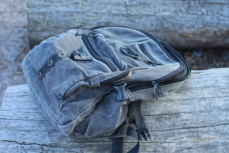 one gray backpack lies on a wooden log on a summer street in natureの写真素材