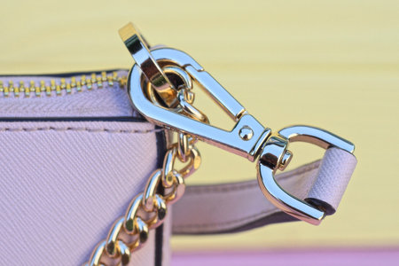 leather harness with a metal gold carabiner on the ring on a pink bagの写真素材