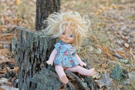 one plastic doll in a colored dress and white hair sits on a gray stump in natureの写真素材