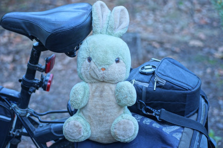 Toy rabbit on a bicycle, closeup of photoの写真素材