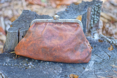 one large old brown leather wallet stands on a gray wooden stump