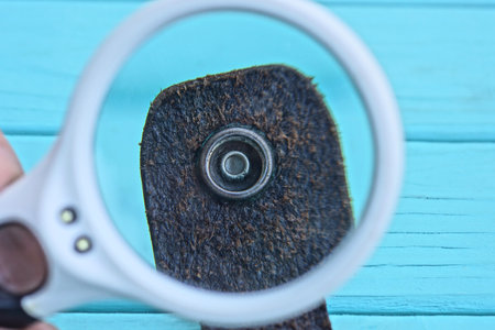 one white magnifying glass in hand magnifies metal rivet button on black leather harness against blue table backgroundの写真素材