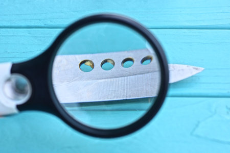 black magnifying glass magnifies one sharp gray iron blade of a folding knife lies on a blue tableの写真素材