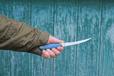 hand holding one knife with blue handle against green wall