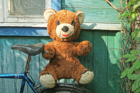 one big brown toy bear sits on a bicycle near a green wall on a summer street