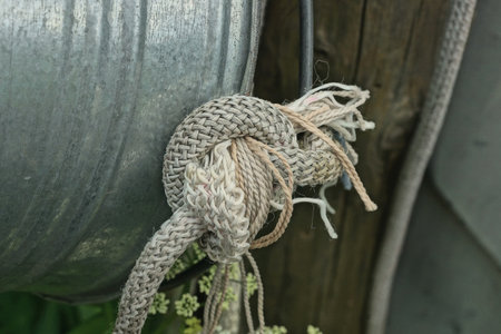 one piece of white thick rope with a knots on a gray backgroundの写真素材