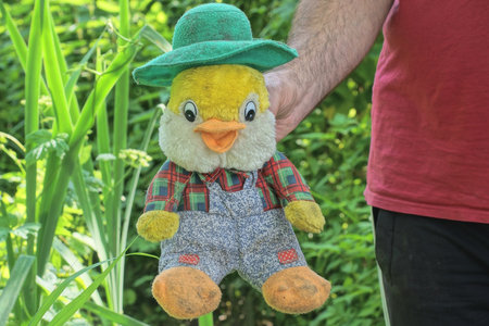 hand holding one big colorful plush toy duck on summer street