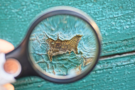 one big black magnifying glass in hand magnifies a gray spot with worn paint on a green wall