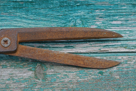 part one old iron scissors with long rusty brown blades lies on a wooden tableの写真素材