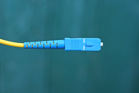 part of one yellow electrical wire with blue plastic plug on green background