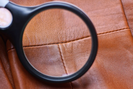 one black magnifying glass magnifies a seam on a brown leather jacketの写真素材