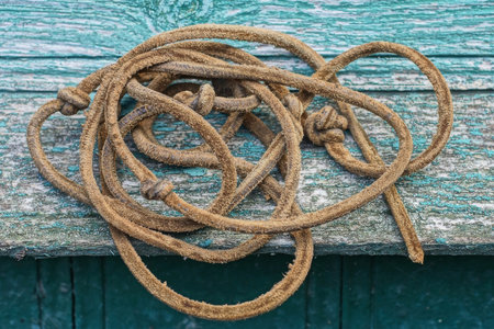 one brown skein of old rope lies on a green wooden tableの写真素材