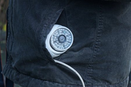 A white webcam lies in the pocket of a gray black jacket on a man on an autumn streetの写真素材