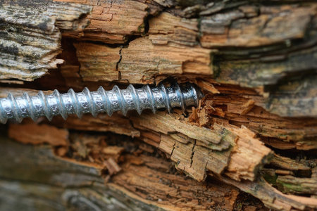 one gray iron screw is screwed into a brown rotten wooden boardの写真素材