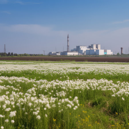 Nuclear power plant with green field and blue sky made with generative AIの素材