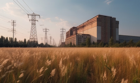 Nuclear power plant with yellow spikelet field and blue clouds made with generative AIの素材