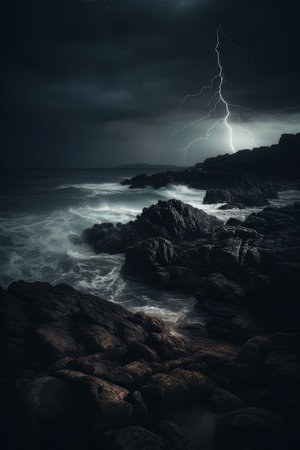Lightning strikes a stone rock in the open raging sea AIの素材