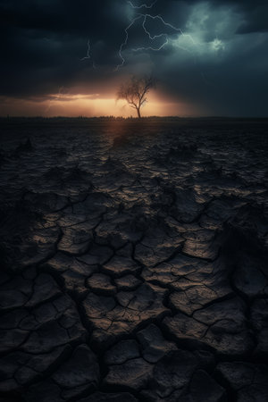 Dead big tree in a dry area the soil is cracked during and rain storm. AIの素材