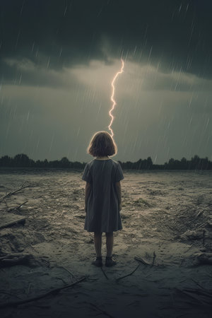 Girl and panoramic landscape due to drought and weather before rain AIの素材