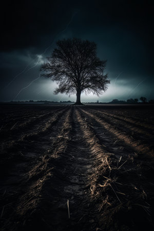 Dead big tree in a dry area the soil is cracked during and rain storm. AIの素材