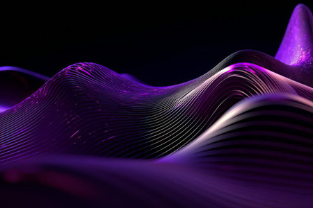 Network technology. Futuristic tech black background and purple waves Low poly 3d wire illustration AIの素材