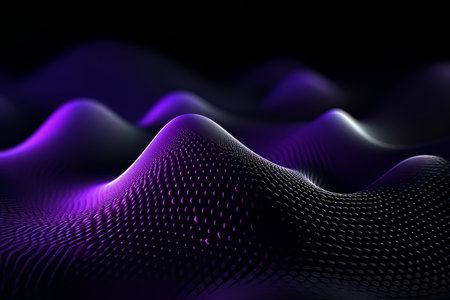Network technology. Futuristic tech black background and purple waves Low poly 3d wire illustration AIの素材