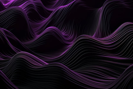 Network technology. Futuristic tech black background and purple waves Low poly 3d wire illustration AIの素材