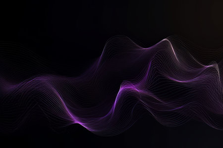Network technology. Futuristic tech black background and purple waves Low poly 3d wire illustration AIの素材