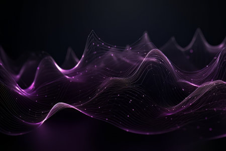 Network technology. Futuristic tech black background and purple waves Low poly 3d wire illustration AIの素材