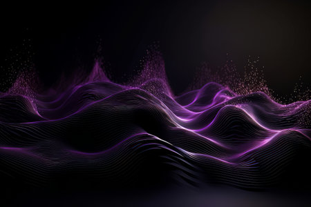 Network technology. Futuristic tech black background and purple waves Low poly 3d wire illustration AIの素材
