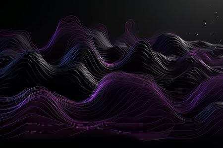 Network technology. Futuristic tech black background and purple waves Low poly 3d wire illustration AIの素材