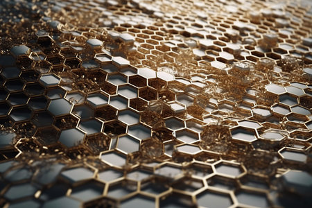 Network connection concept gold honeycomb shiny white background. Futuristic Abstract 3D Geometric Background Design Made with Generative Space Illustration AI Scy fiの素材