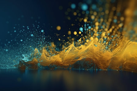 Network technology background futuristic tech blue and yellow wave background. Low poly 3d wire made with generative AI Scy fi space illustrationの素材