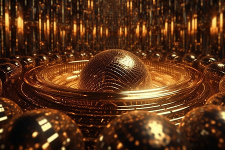 Network technology polygonal sphere digital golden abstract background. Low poly 3d sphere made with generative AIの素材