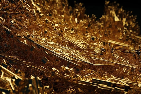 Network technology wavy lines digitally gold futuristic abstract background. Low poly 3d wire made with generative AIの素材