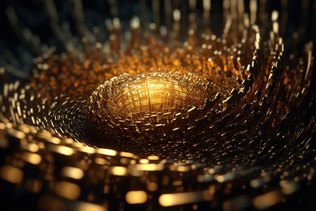 Network technology wavy lines digitally gold futuristic abstract background. Low poly 3d wire made with generative AIの素材