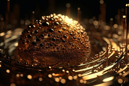 Network technology polygonal sphere digital golden abstract background. Low poly 3d sphere made with generative AIの素材