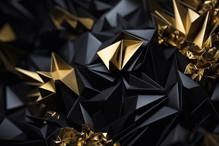 Polygonal black and gold abstract with spiky connection structure made with generative AIの素材