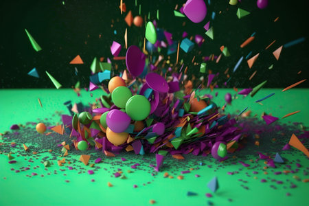 Bright abstract polygonal particles on a green background made with generative AIの素材
