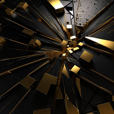 3d abstract futuristic illustration Low poly shape with connecting dots and lines on dark background black gold made with generative AIの写真素材