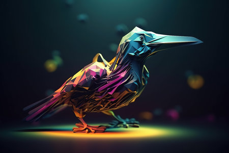Futuristic glowing low poly flying bird, abstract dark bird isolated on dark background made with generative AIの素材