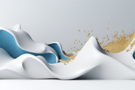 Gold blue white abstract wave acrylic cream texture streamlined shape made with generative AIの素材
