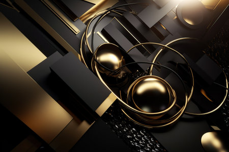 Futuristic abstract shapes in black and gold colors, luxury background and textures made with generative AIの素材