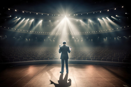 Fictional male artist on the big stage of an empty concert hall in the light of spotlights made with generative AIの素材