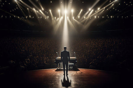 Fictional man musician on the stage in the light of spotlights made with generative AIの素材