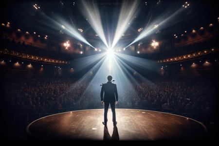 Fictional man musician on the stage in the light of spotlights made with generative AIの素材